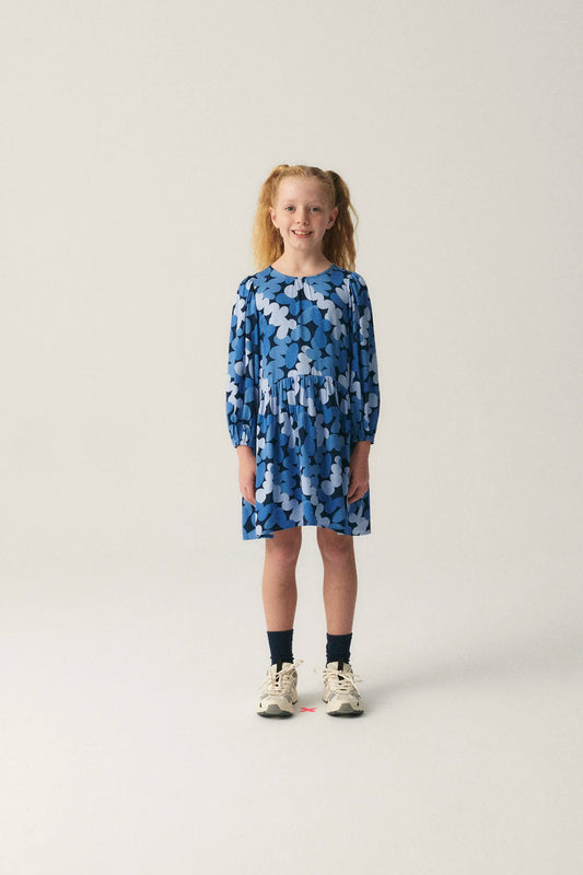 Vestido corto camisero de niña con estampado abstracto azul