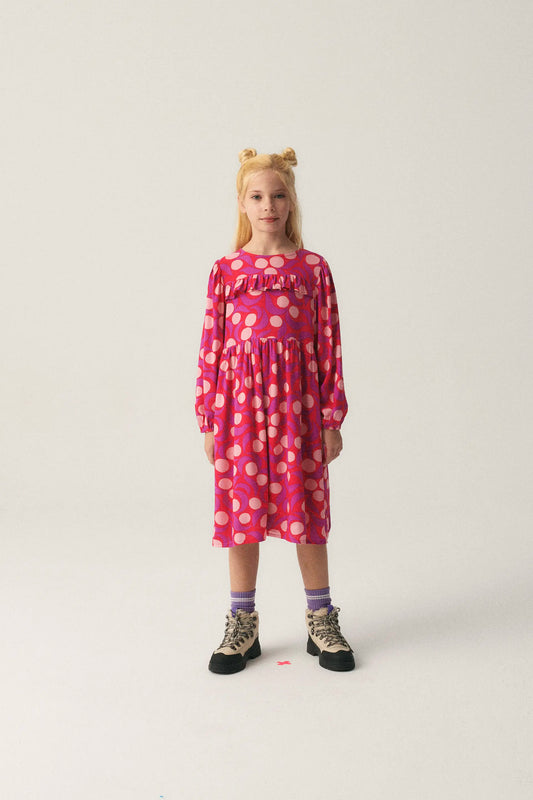 Girl's midi dress with ruffle and pink fantasy print