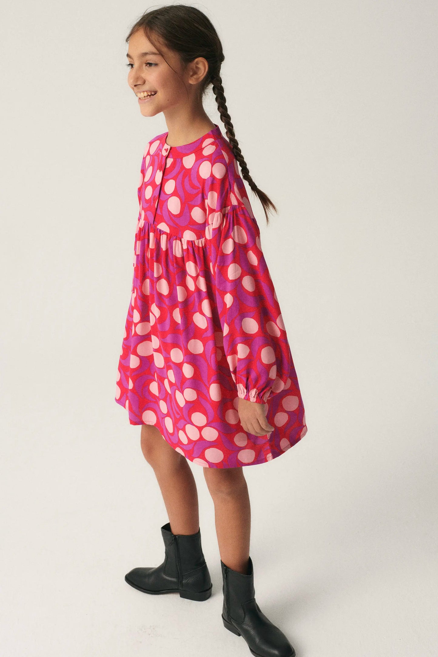 Girl's short shirt dress with pink fantasy print