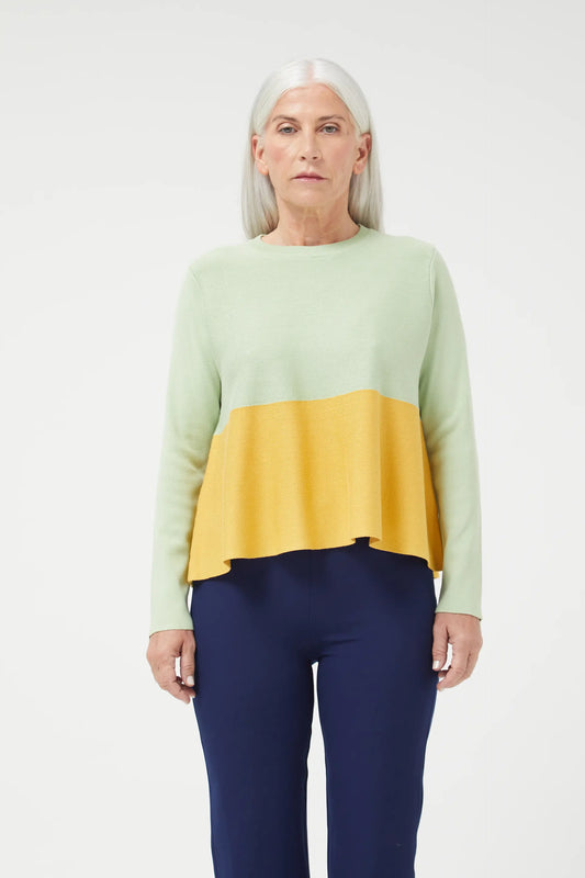 Yellow color block flared knit sweater