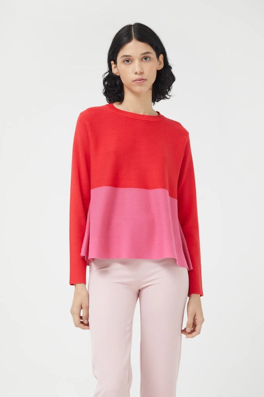 Red color block flared knit sweater