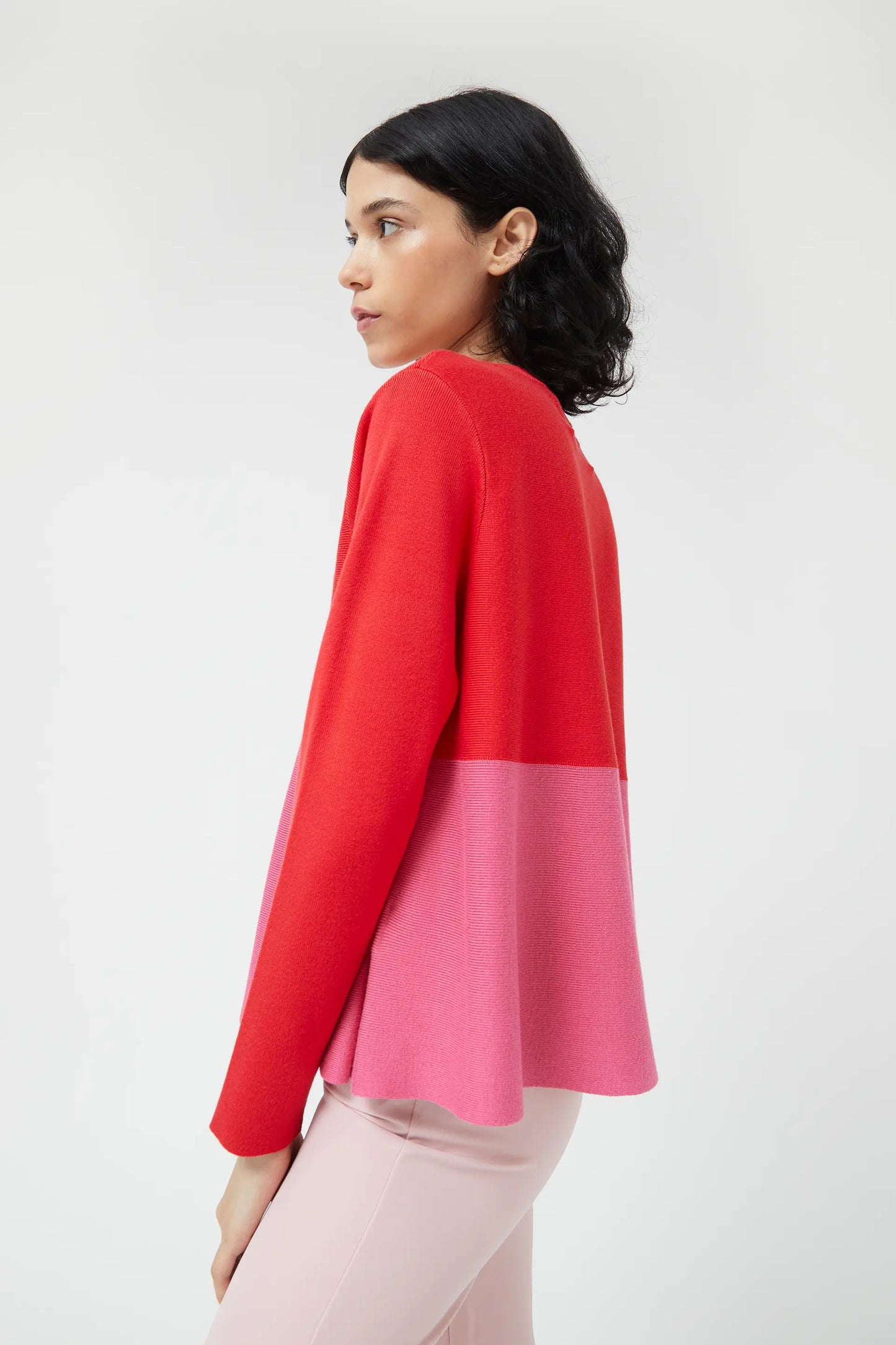 Red color block flared knit sweater