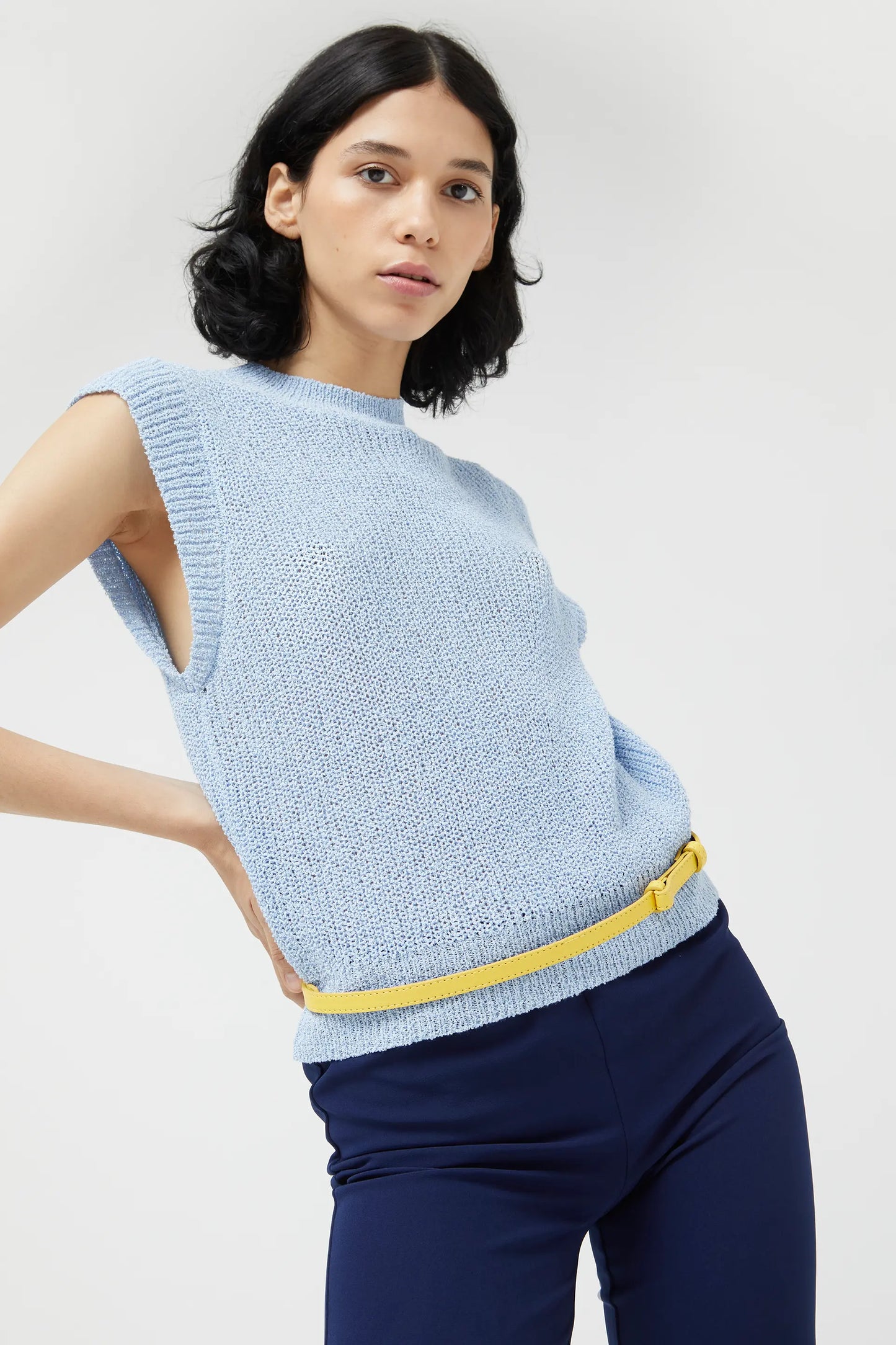 Blue sleeveless knit top