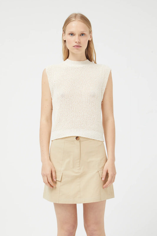 White sleeveless knit top