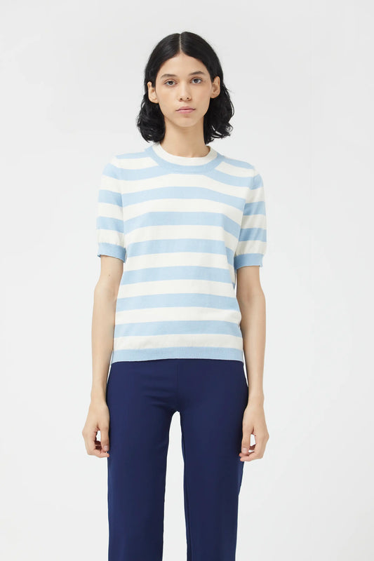 Blue striped short sleeve sweater