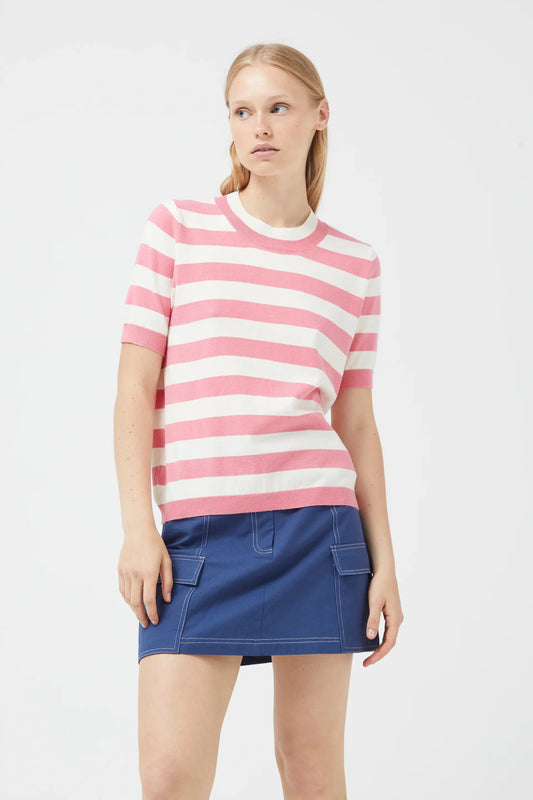 Pink striped short sleeve sweater
