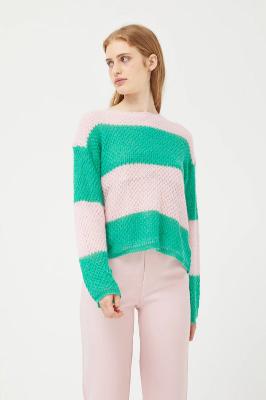 Pink striped cable knit sweater