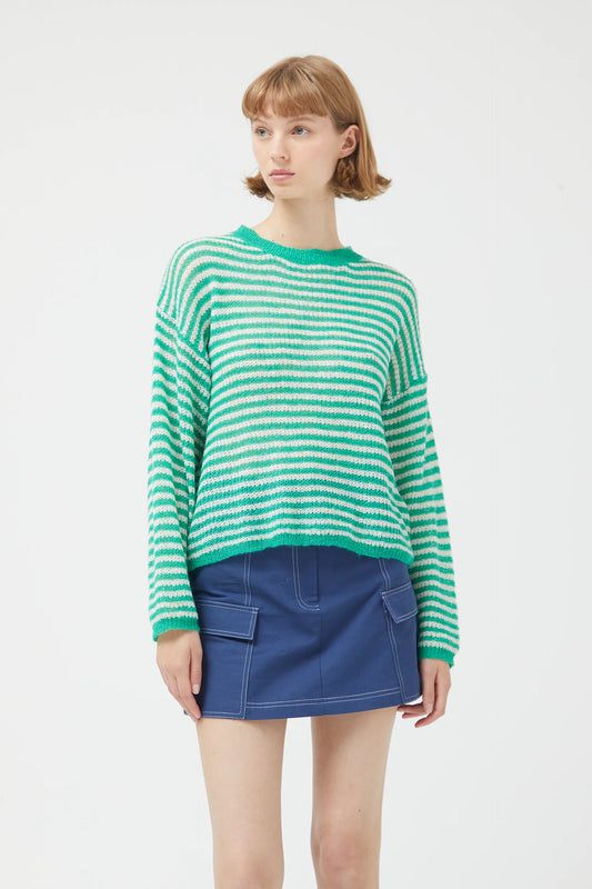 Green striped cable knit sweater