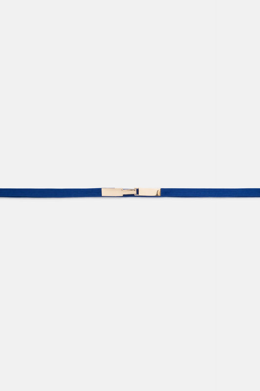 Thin belt with blue rectangular buckle