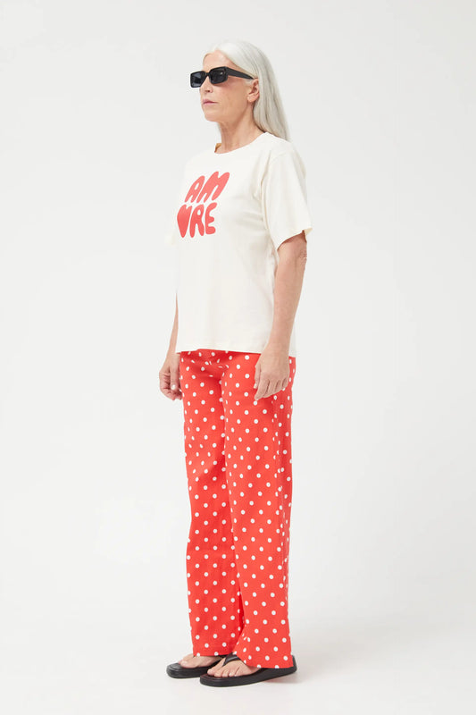 Red polka dot straight jeans