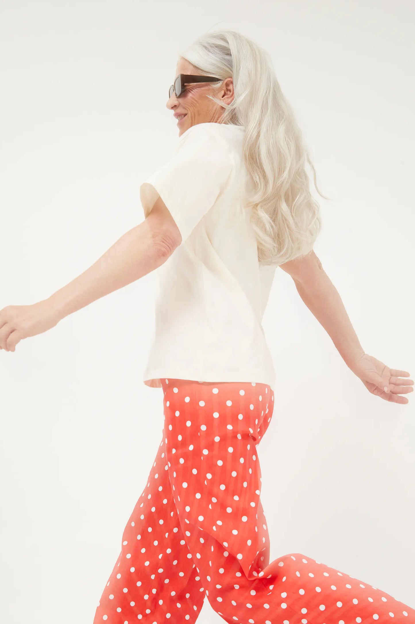 Red polka dot straight jeans