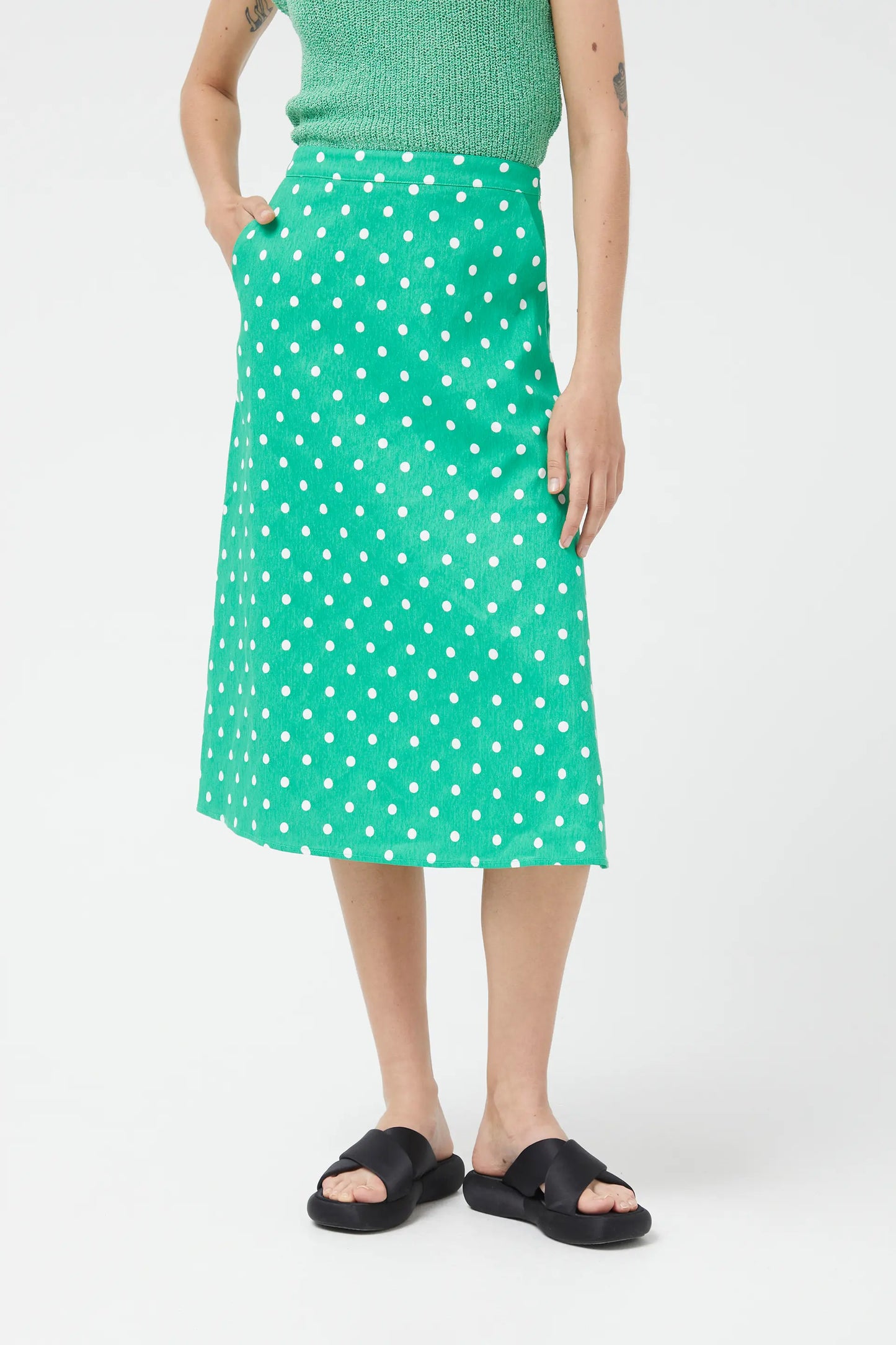 Green polka dot denim midi skirt
