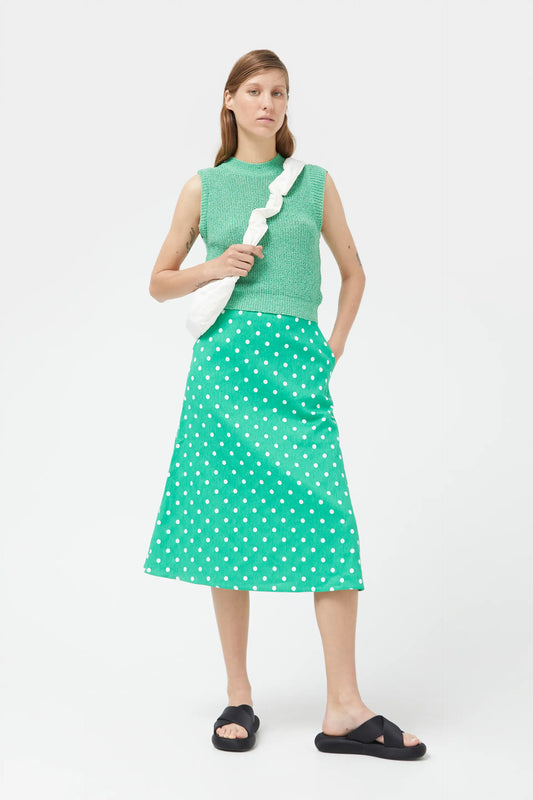 Green polka dot denim midi skirt