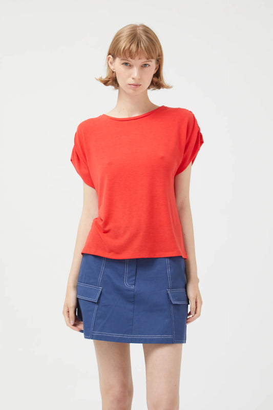 Red draped short sleeve top