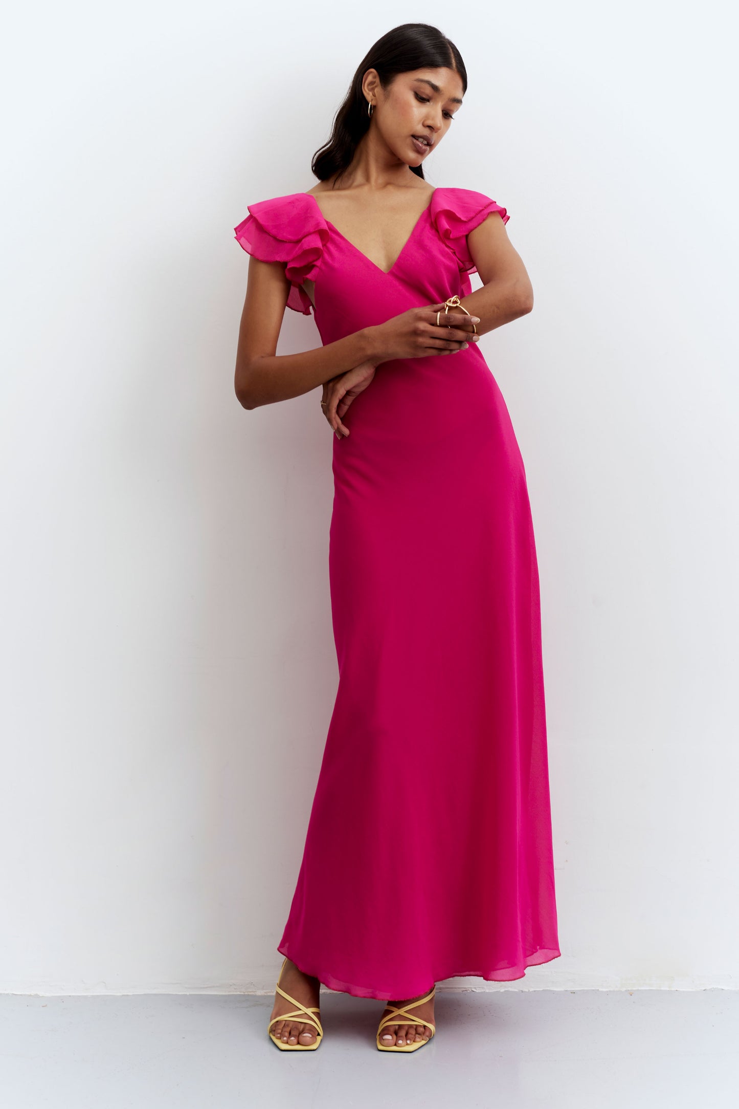 Long pink V-neck dress