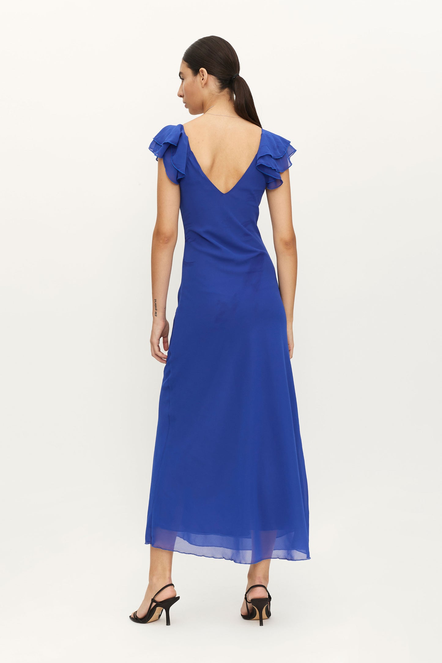 Long blue V-neck dress