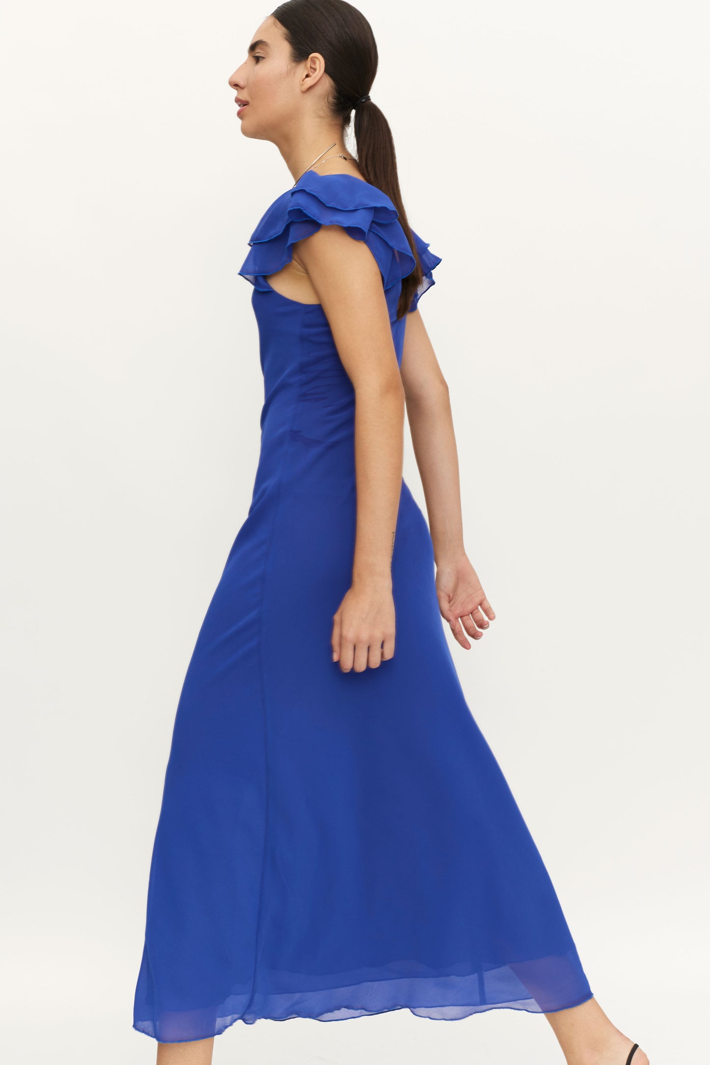 Long blue V-neck dress