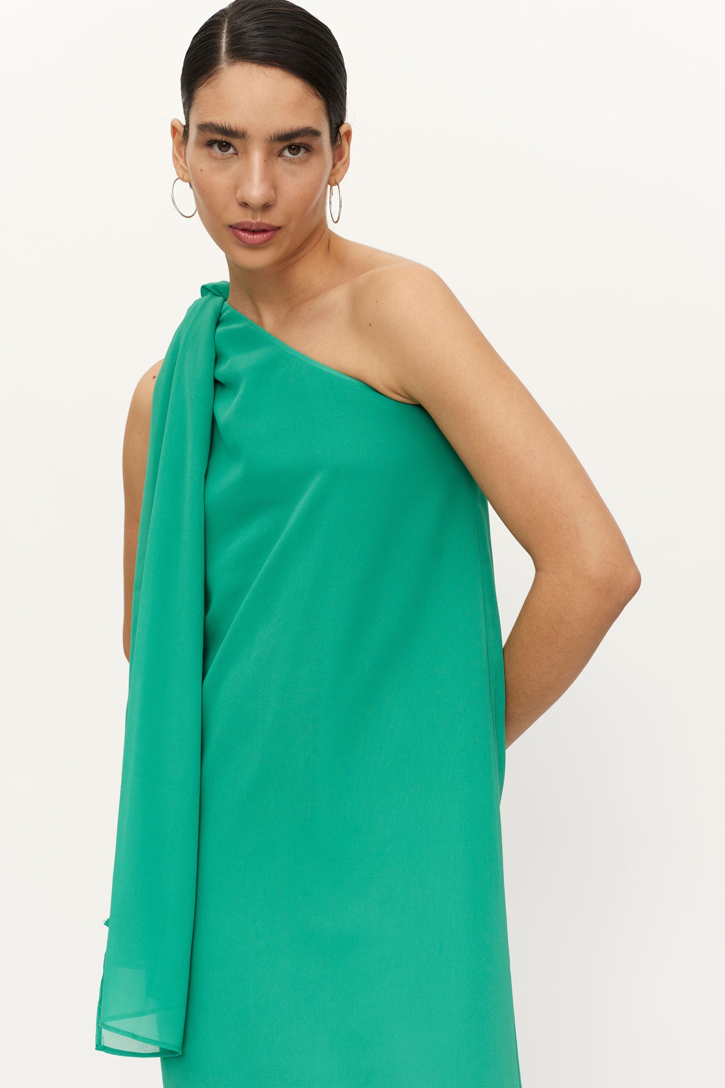 Long asymmetrical green scarf dress