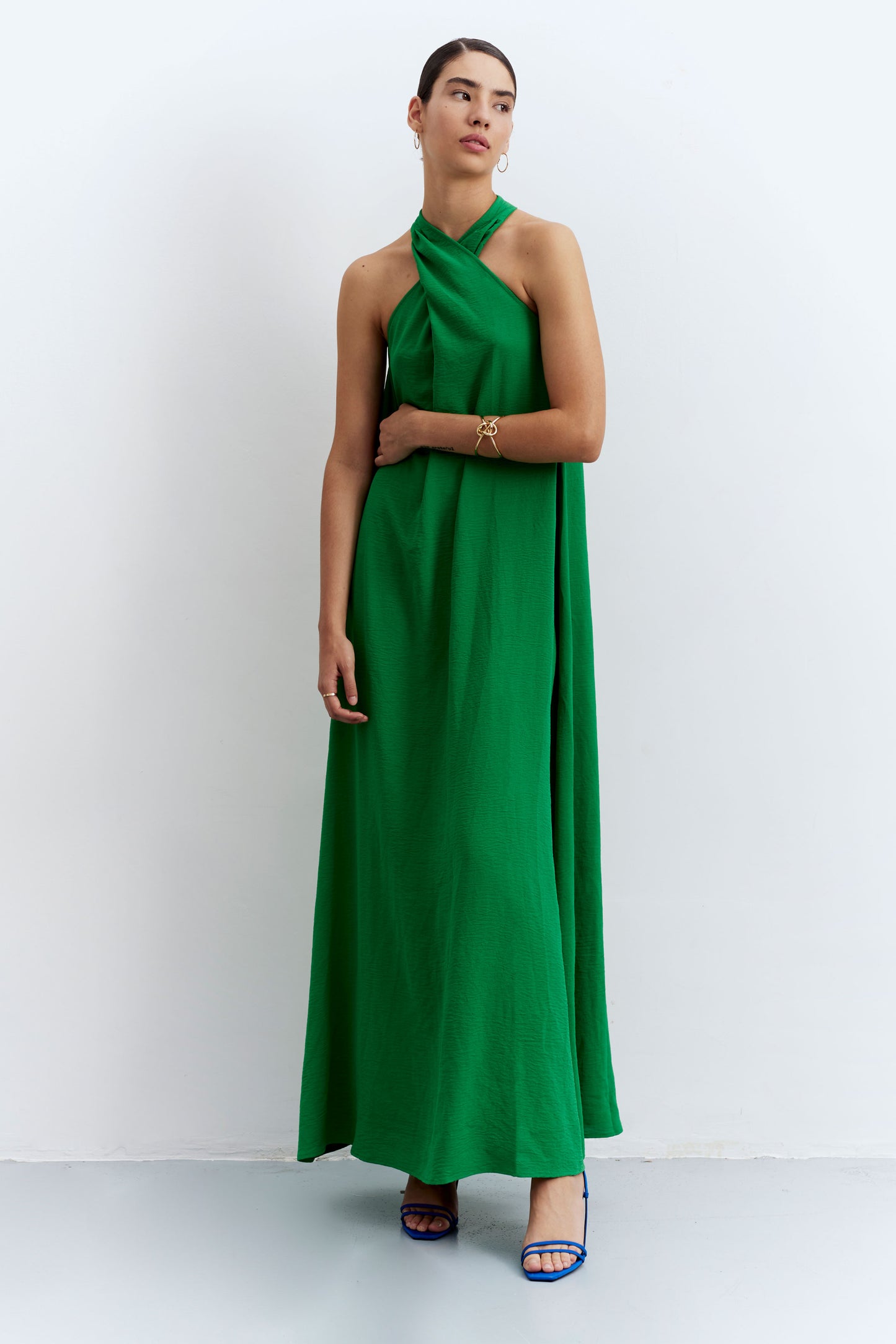 Long green halter neck dress
