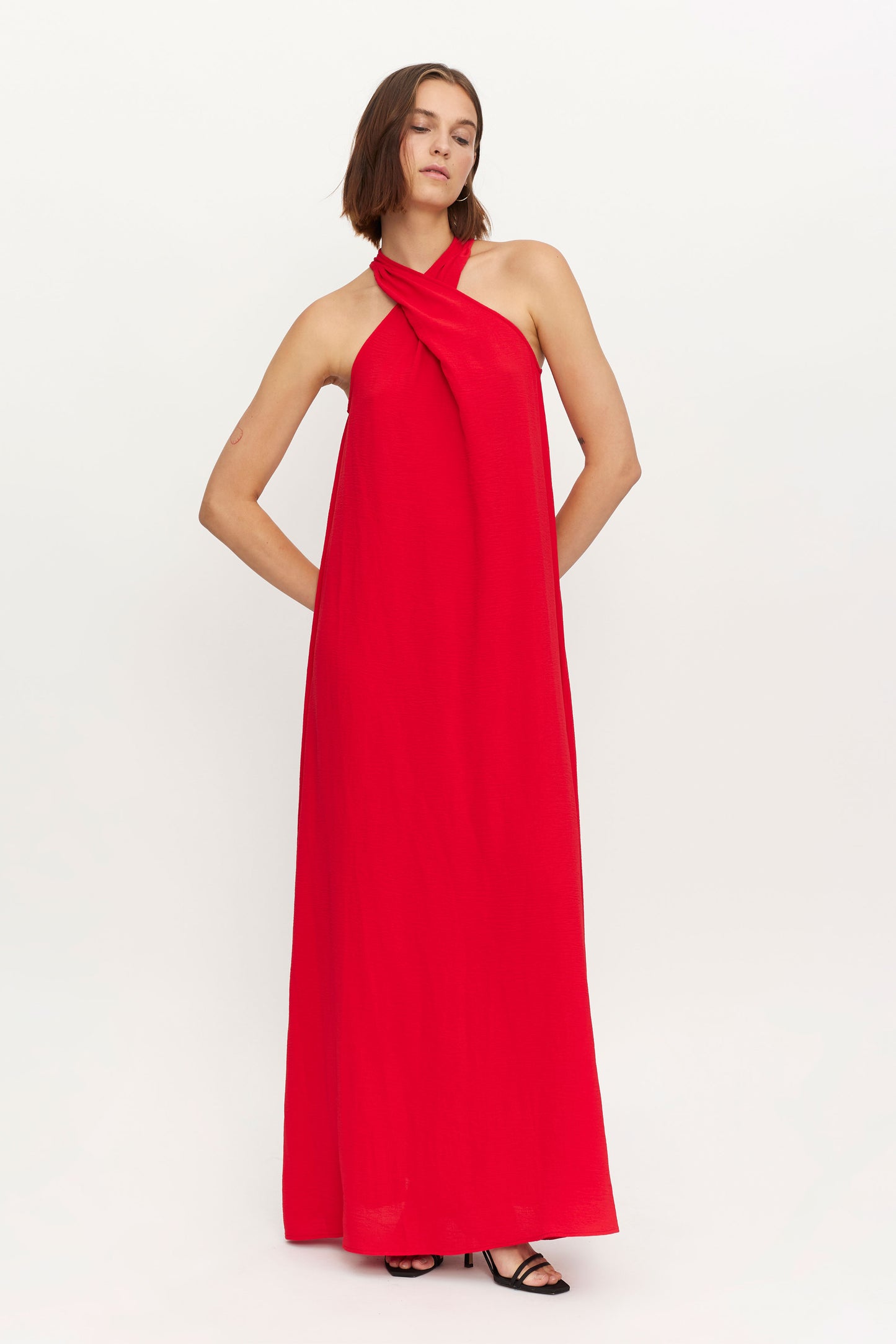 Long red halter neck dress