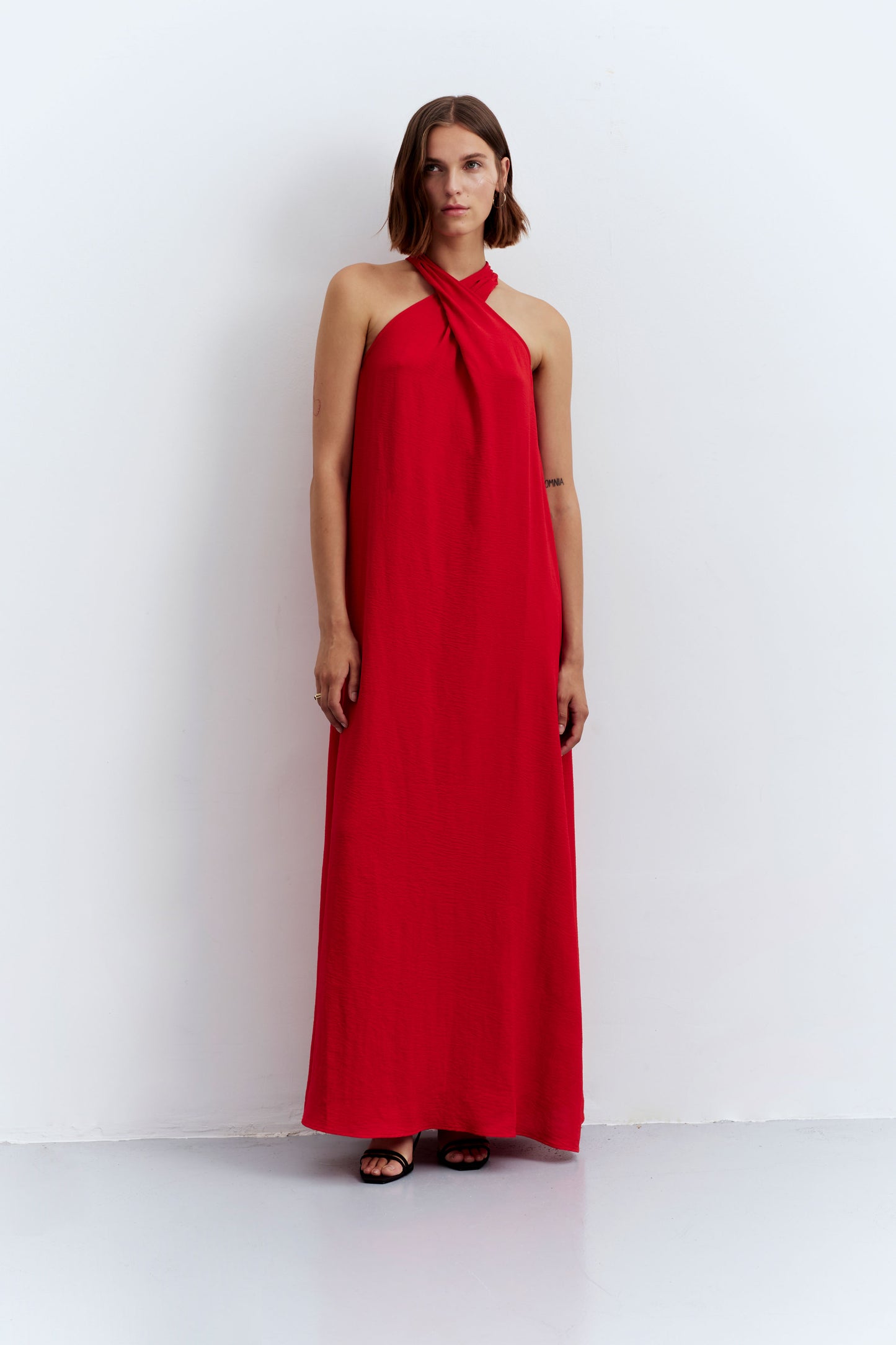 Long red halter neck dress