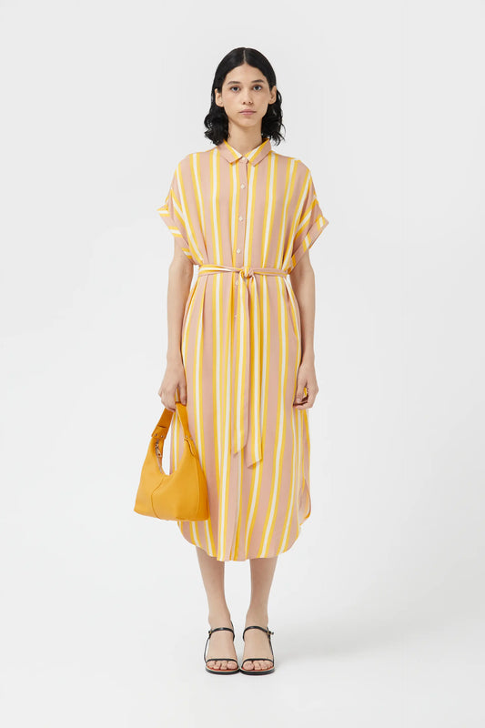 Yellow striped midi shirt dress
