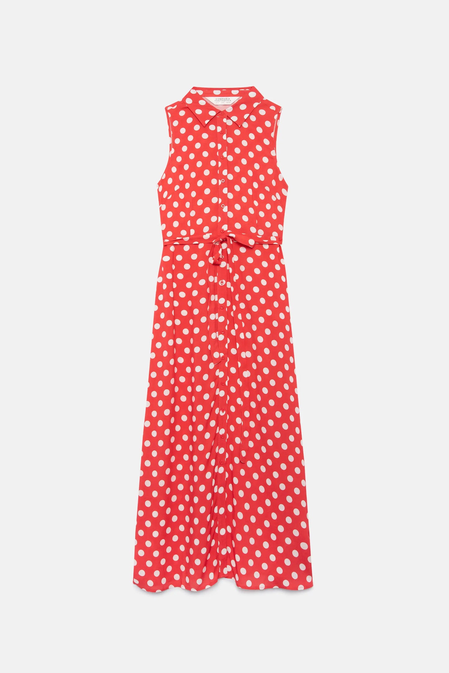 Long red polka dot shirt dress