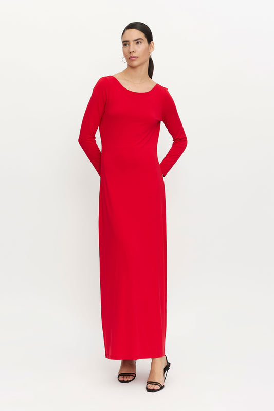 Long red dress with back neckline