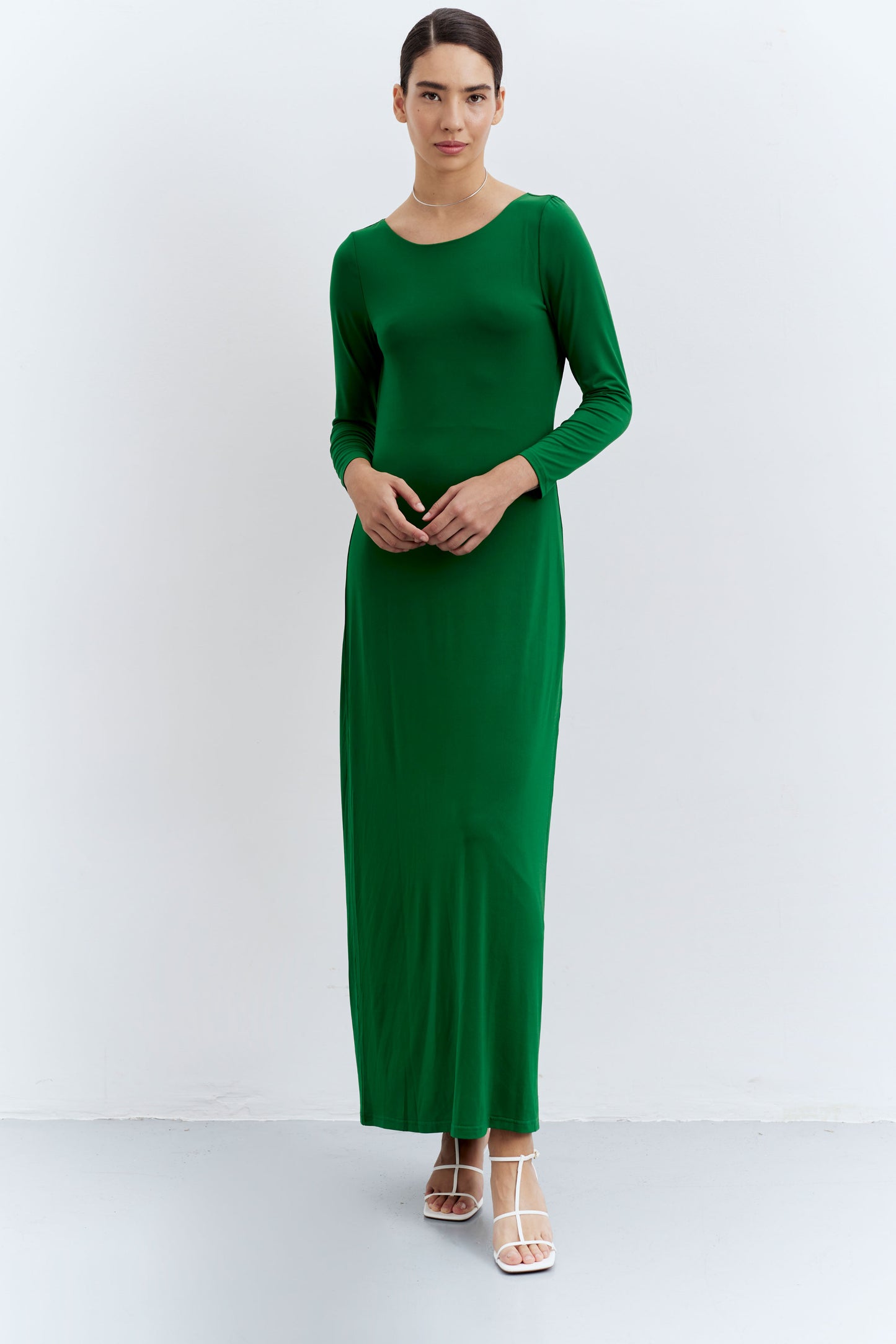 Long green back neckline dress