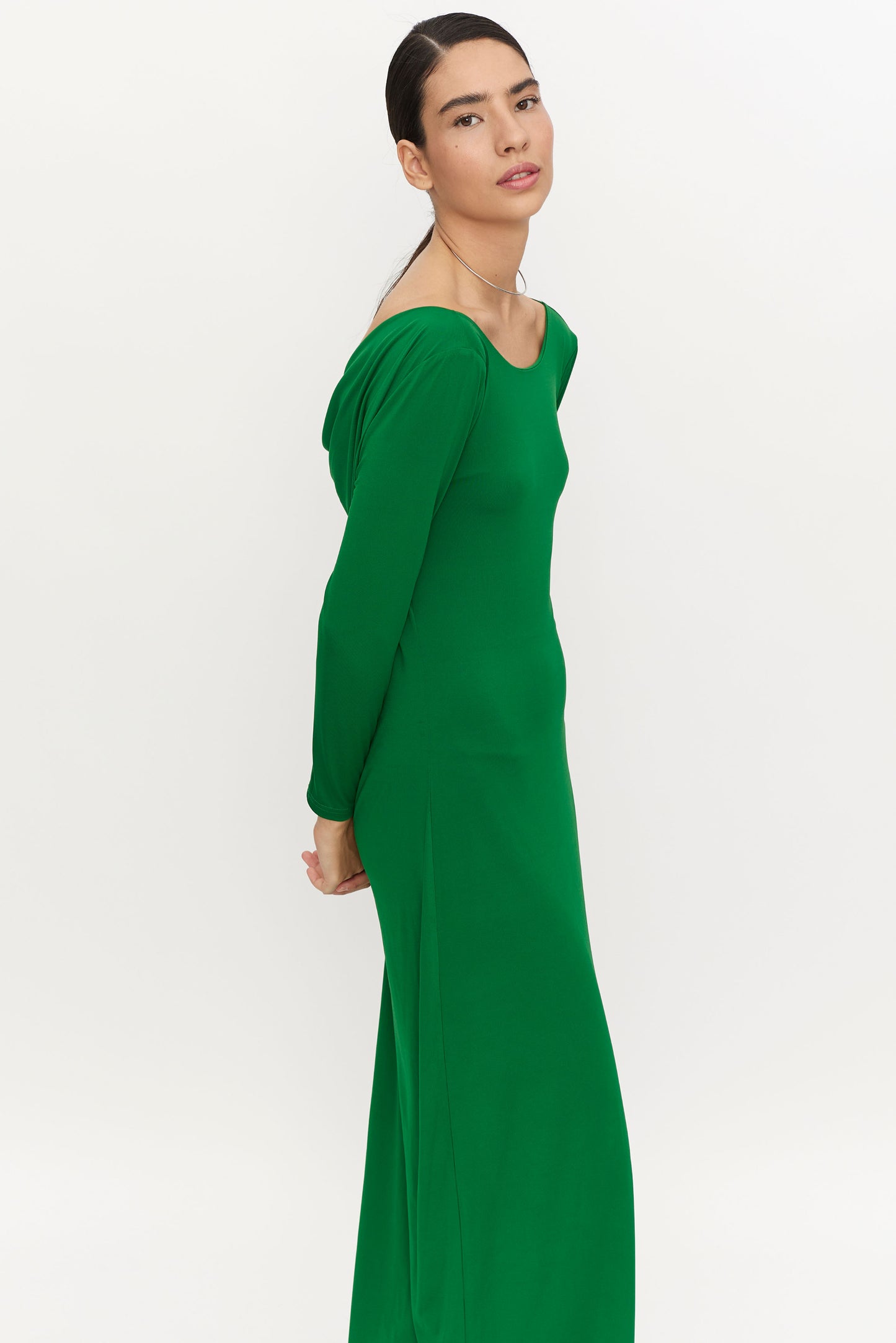 Long green back neckline dress