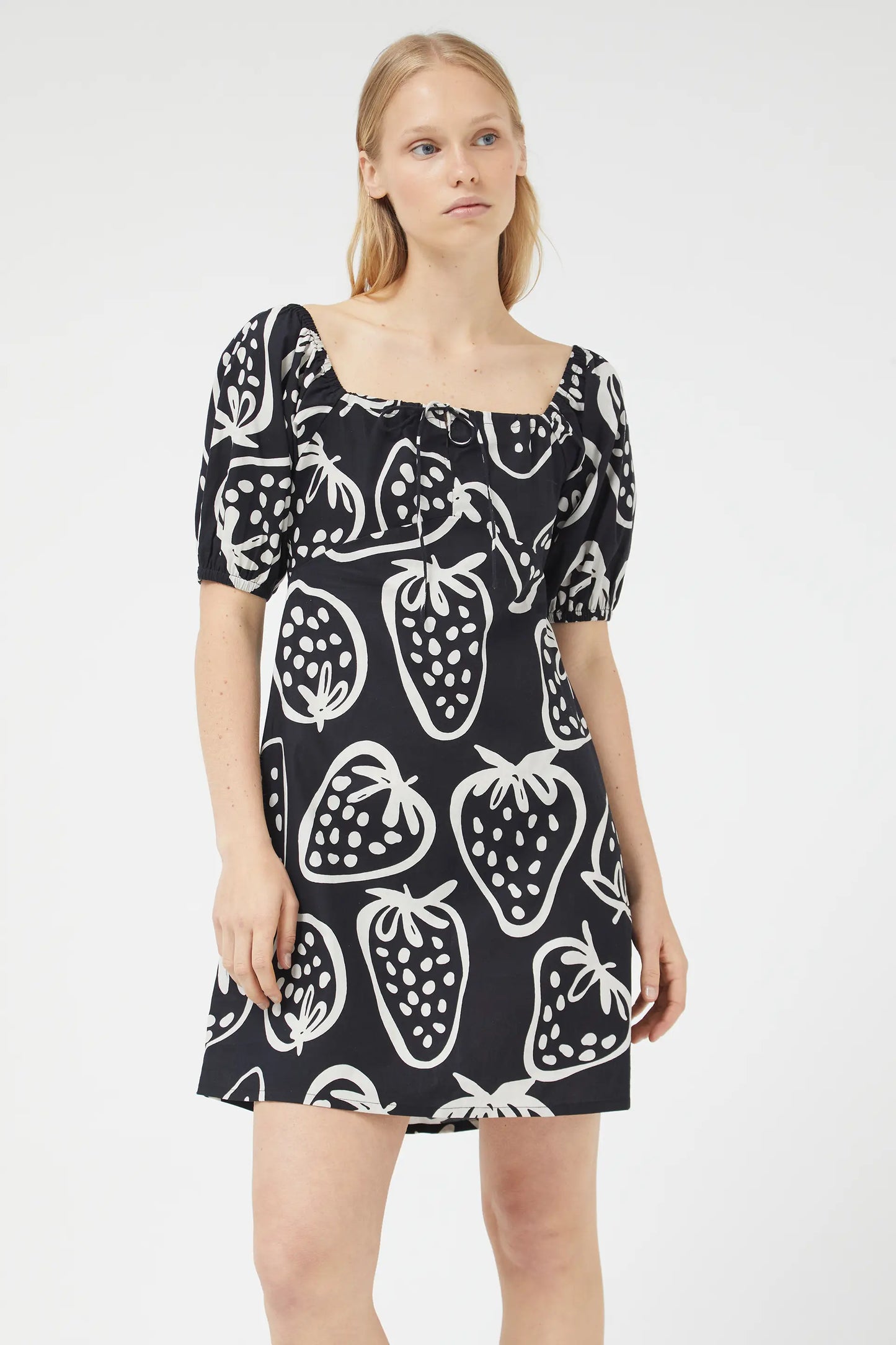Short black strawberry print dress