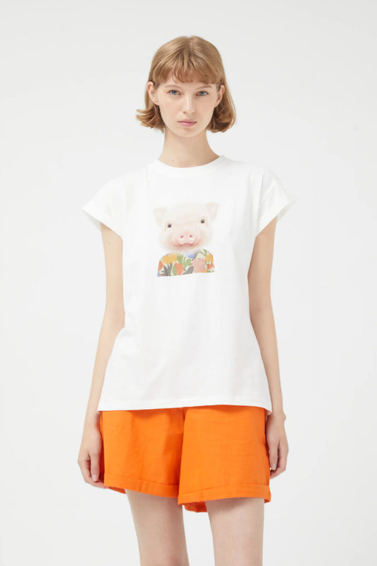 T-shirt bianca con stampa di maiale