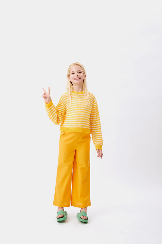 Girl's yellow striped cable knit sweater
