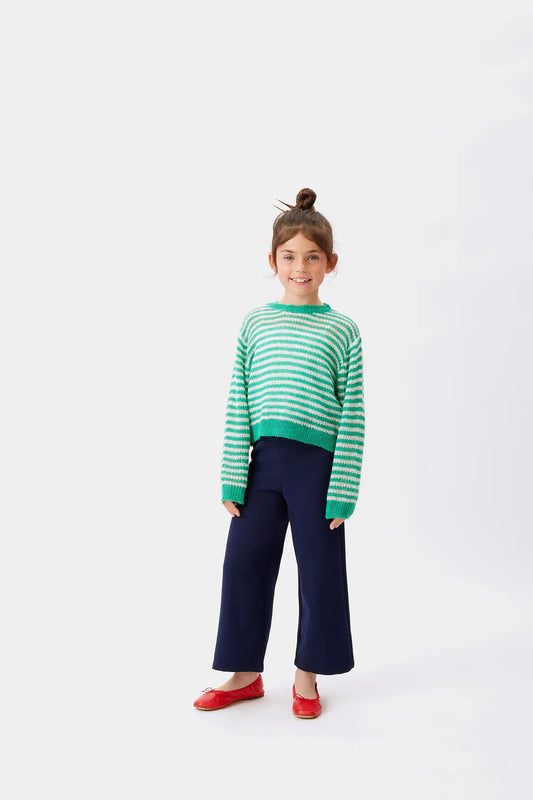 Girl's green striped cable knit sweater