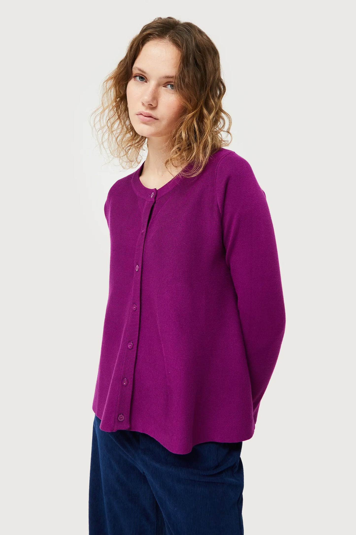 Purple A-line knit cardigan