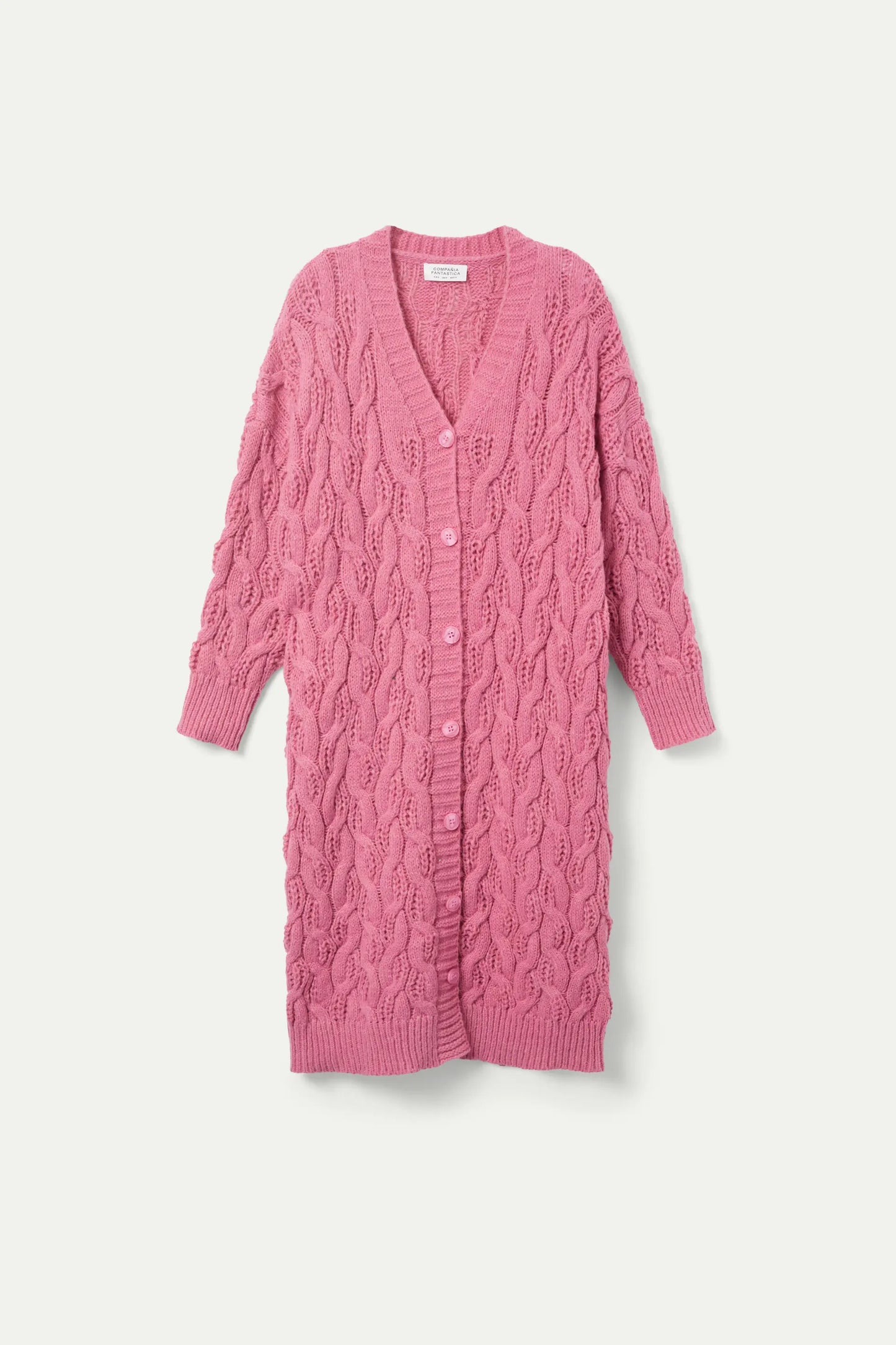 Cardigan lungo in maglia a trecce rosa