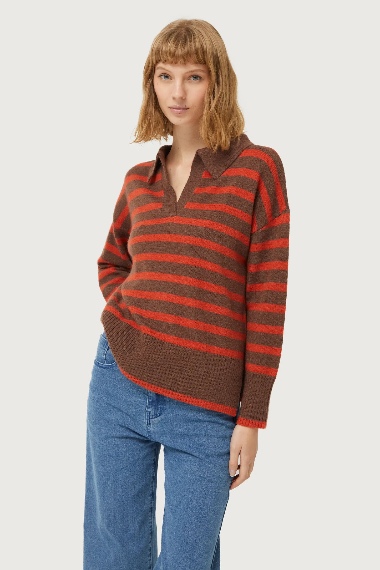 Brown striped polo neck sweater