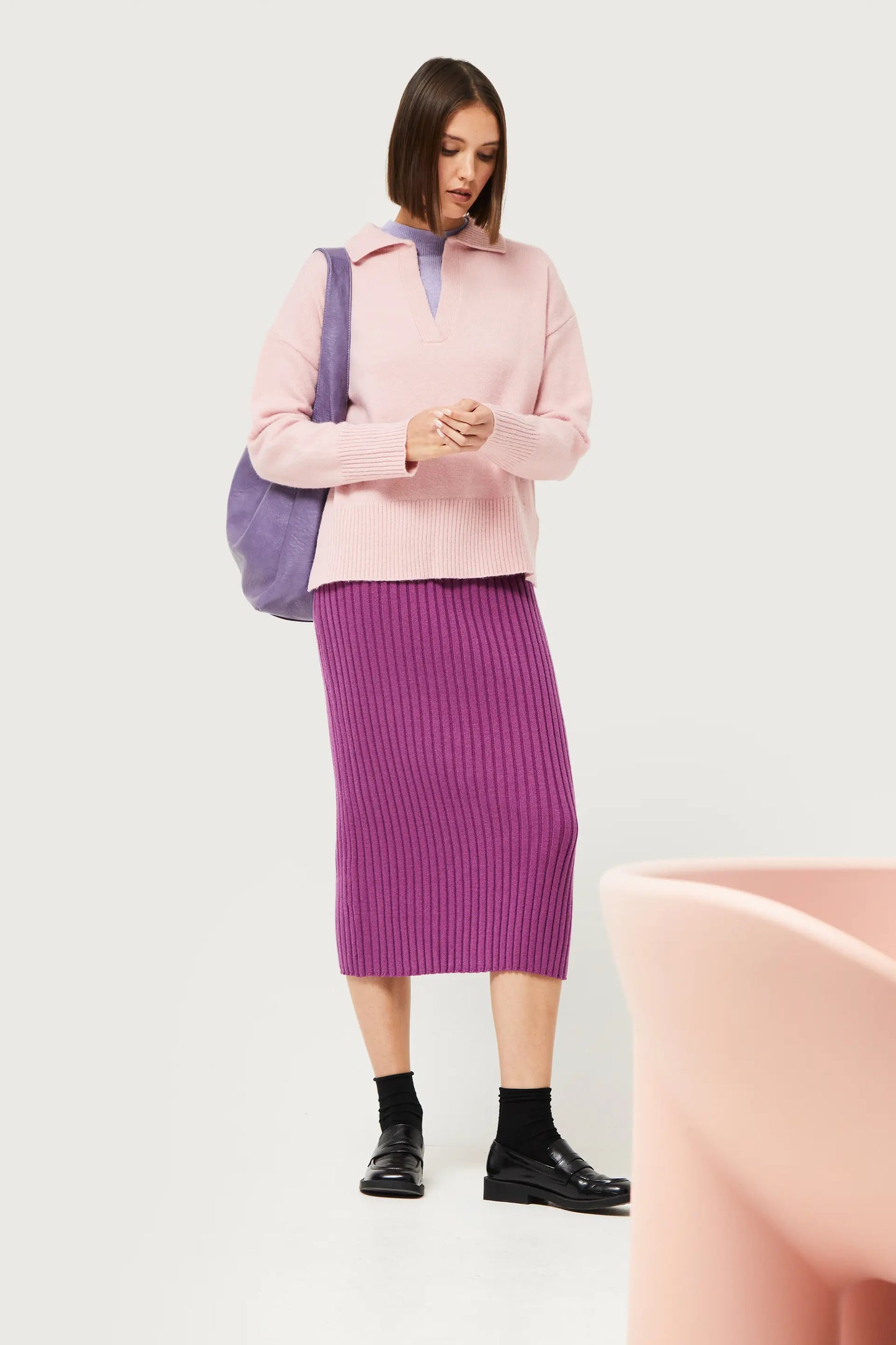 Purple knitted midi skirt