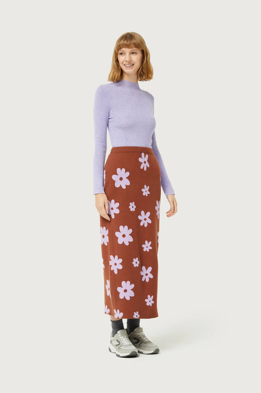 Brown floral print jacquard knit skirt