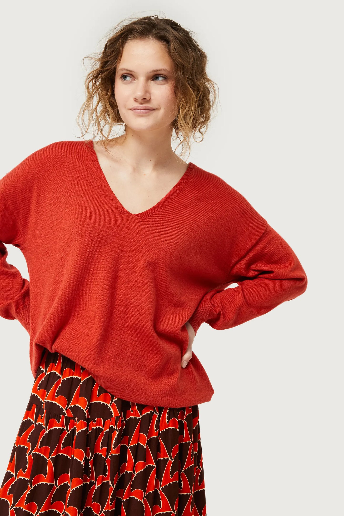 Orange V-neck Knitted Sweater