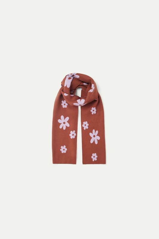 Brown flower print jacquard knit scarf