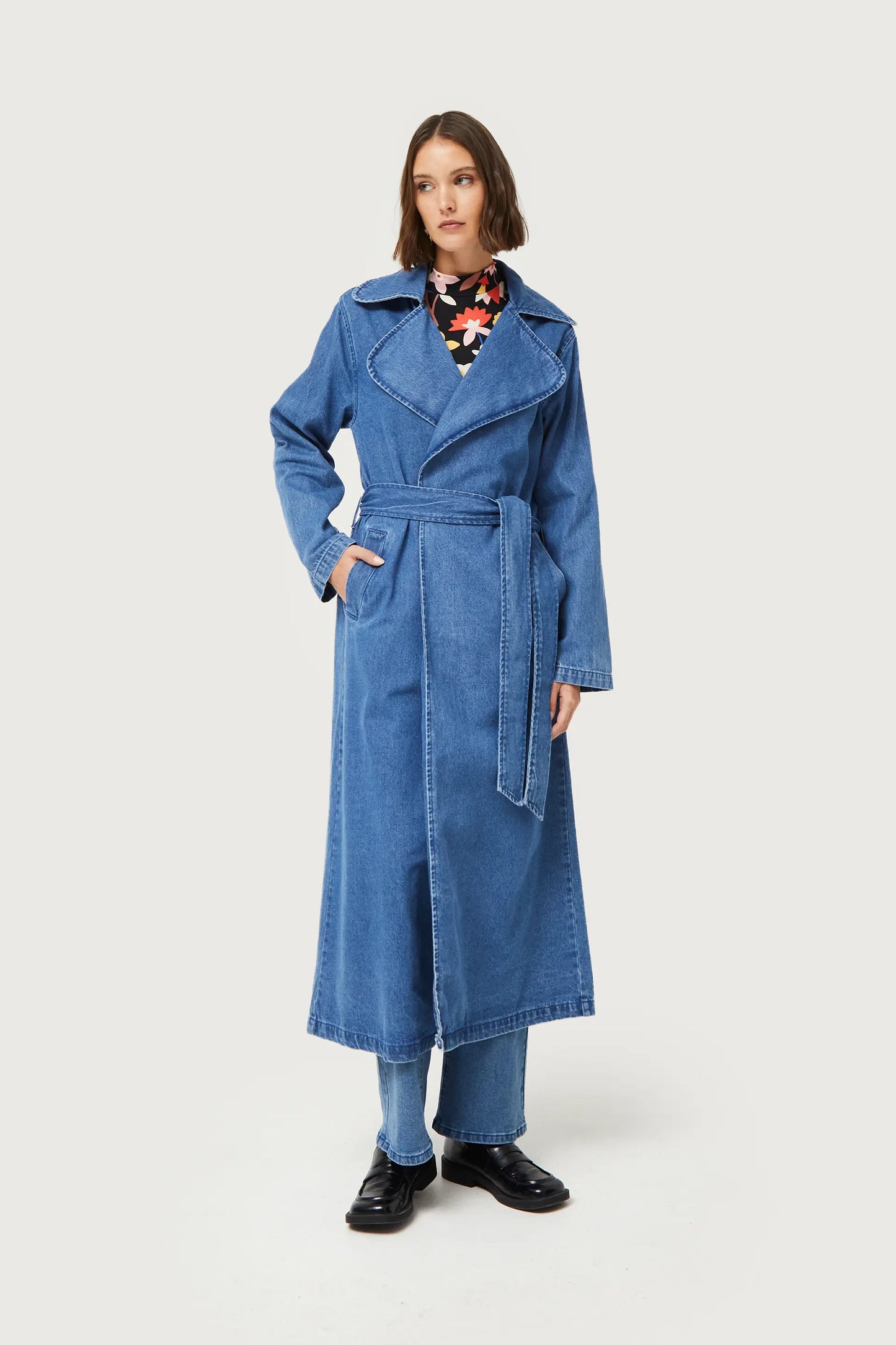 Blue denim midi trench coat