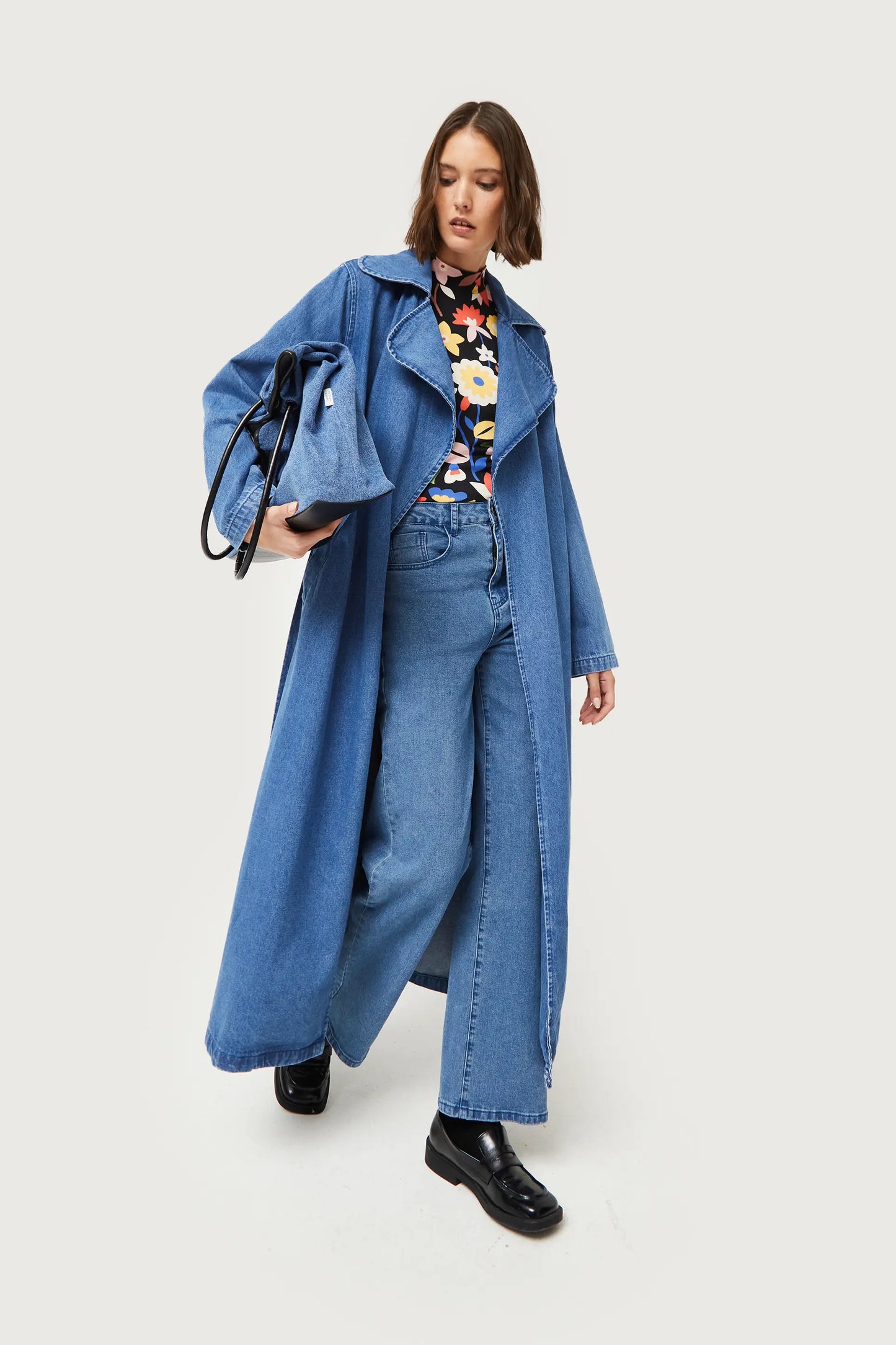 Blue denim midi trench coat