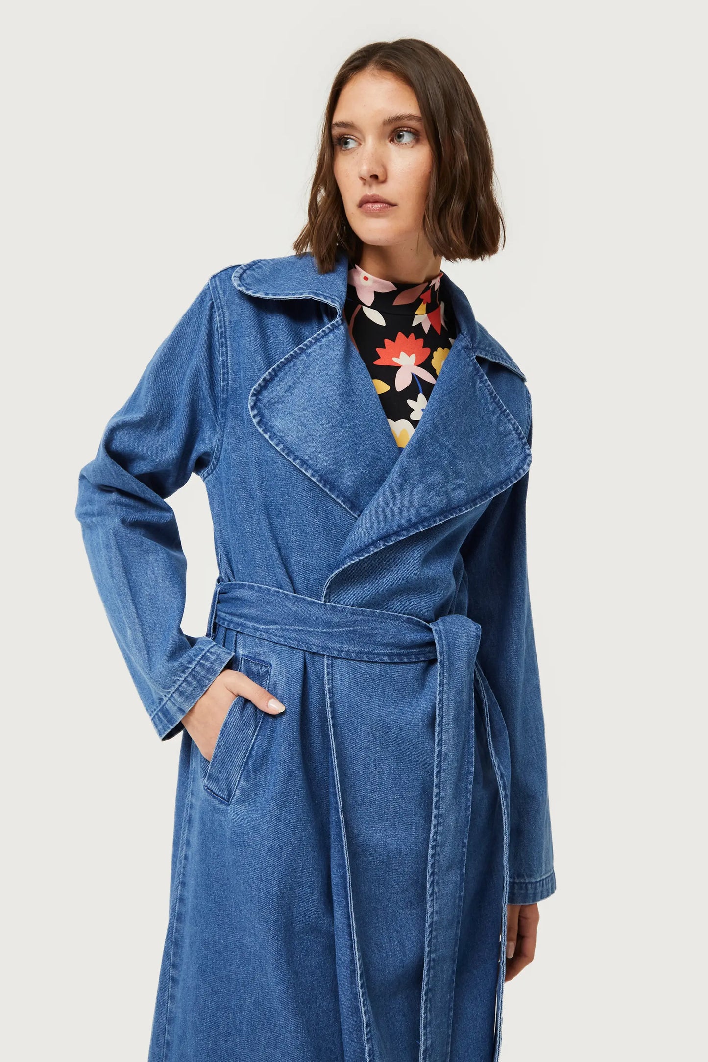 Blue denim midi trench coat