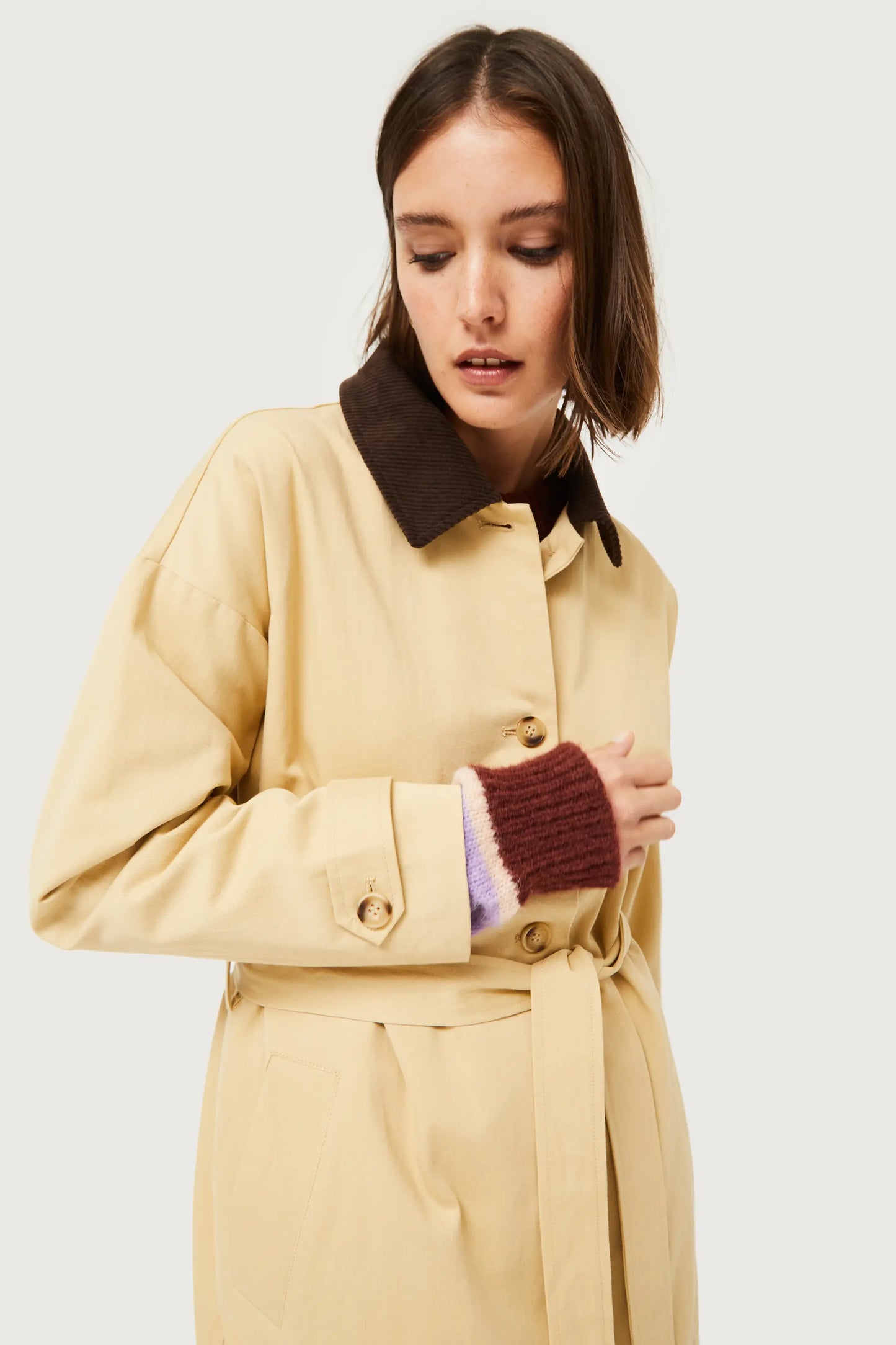 Beige corduroy collar trench coat