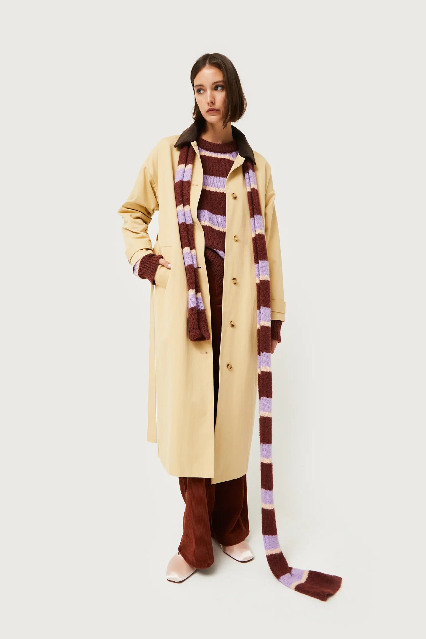 Beige corduroy collar trench coat