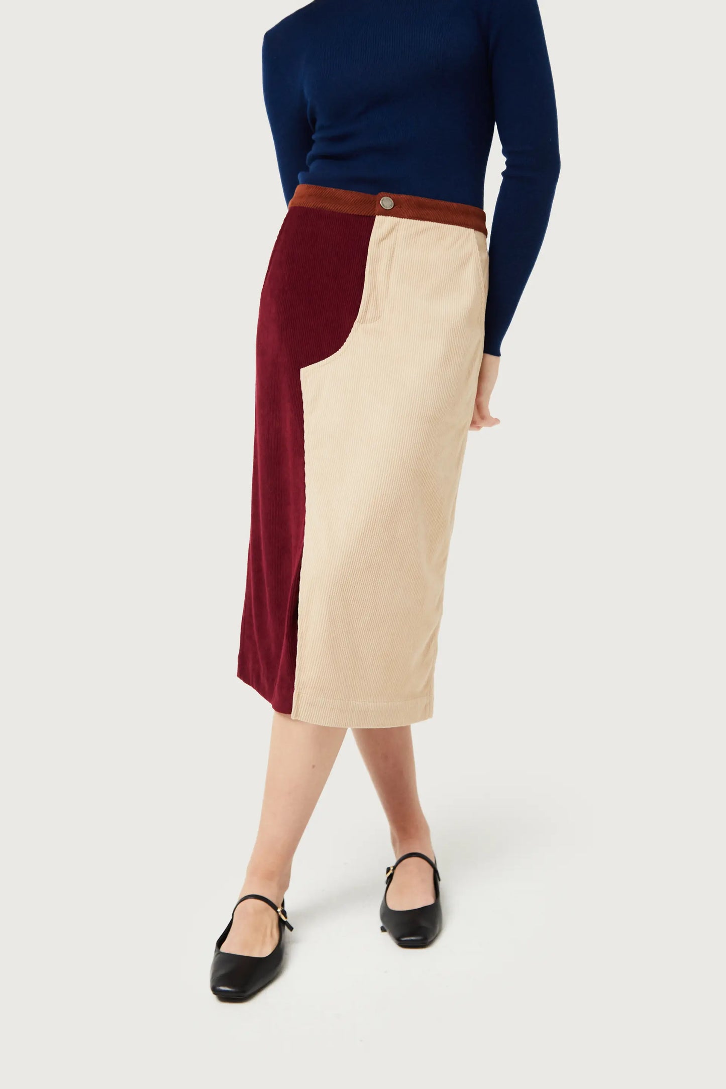 Burgundy and white corduroy midi skirt