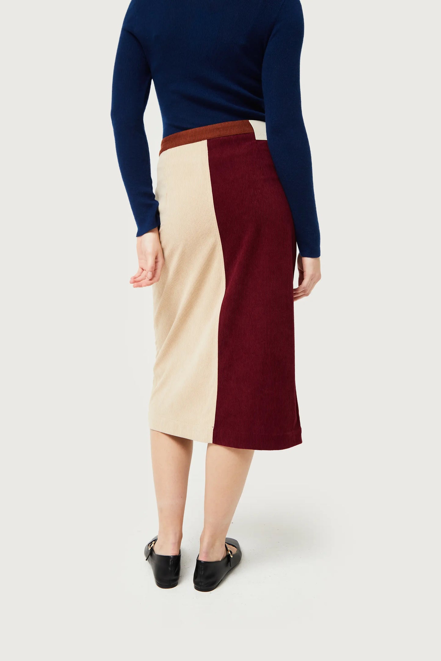 Burgundy and white corduroy midi skirt