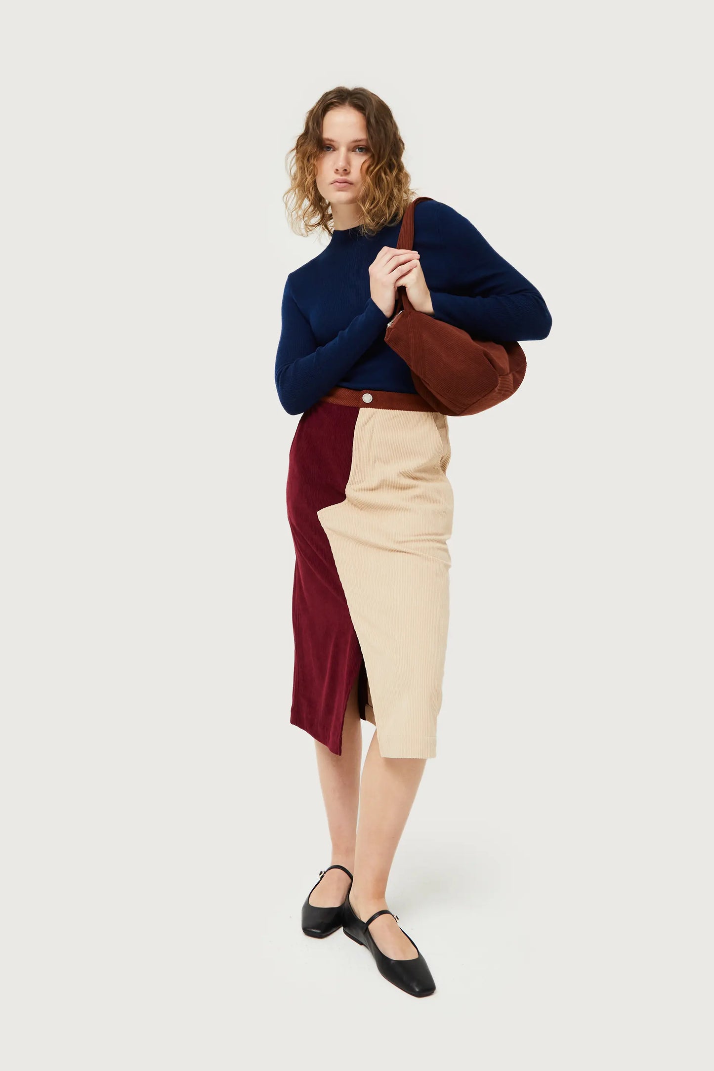 Burgundy and white corduroy midi skirt