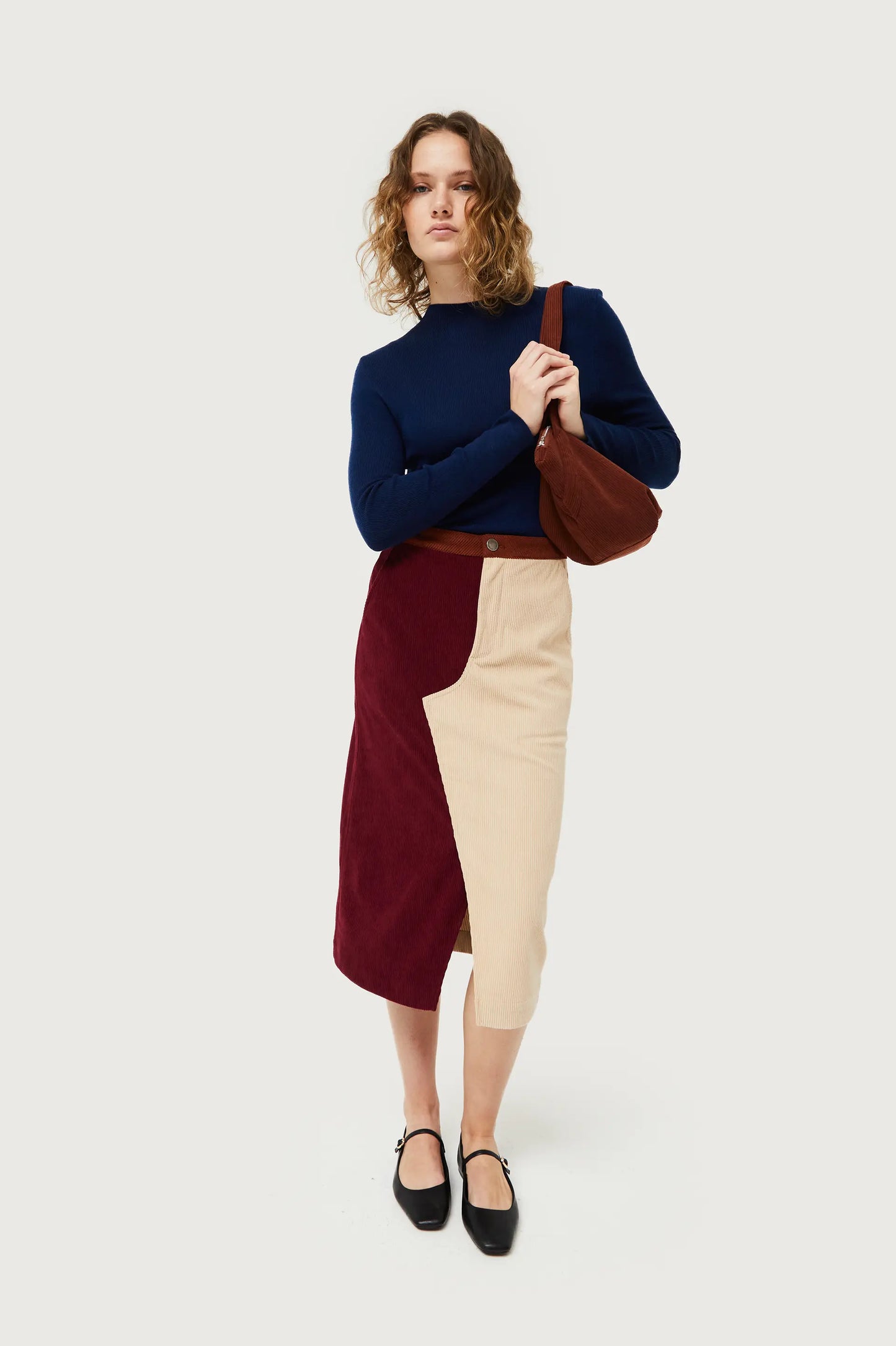 Burgundy and white corduroy midi skirt